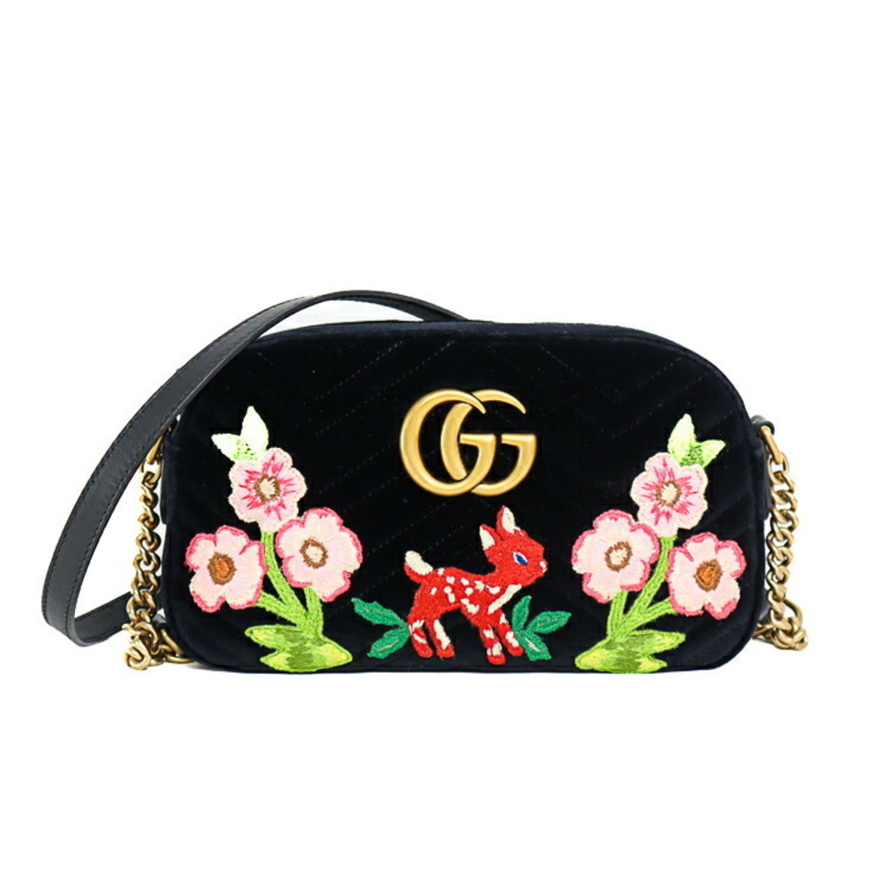 GUCCI GG Marmont Chain Bag Bamboo Floral Flower Embroidery Chevron Black Velour